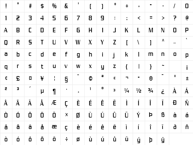 Chaney Thin Normal  glyph index