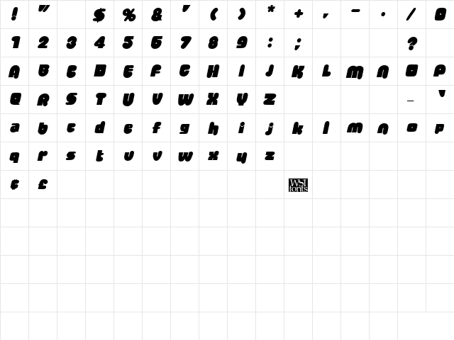 Jellybean Italic  glyph index