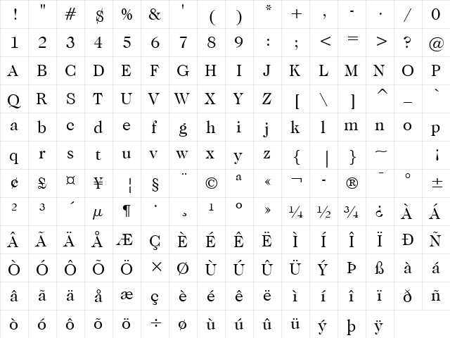 Caslon224 Bk BT Book  glyph index