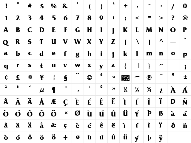 Fritz Bold  glyph index