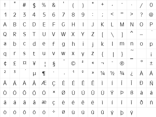 Antigoni Light Regular  glyph index