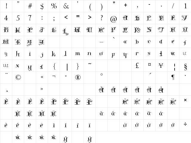 Regency Gothic Regular  glyph index