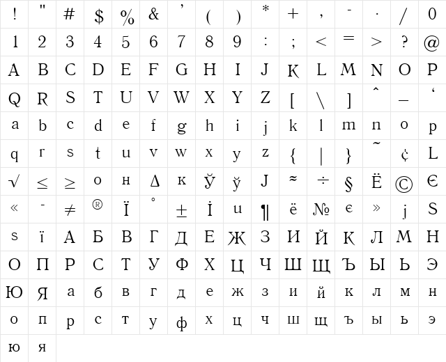 Literaturnaya Medium  glyph index
