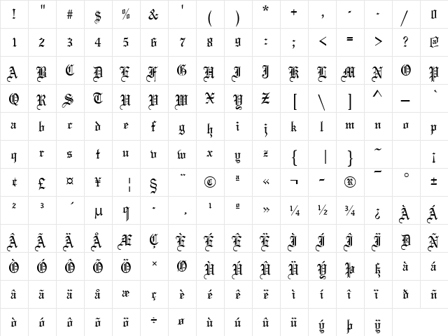 Olde English Regular  glyph index