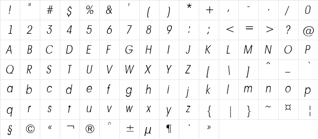 a_AvanteLtNr ThinItalic  glyph index