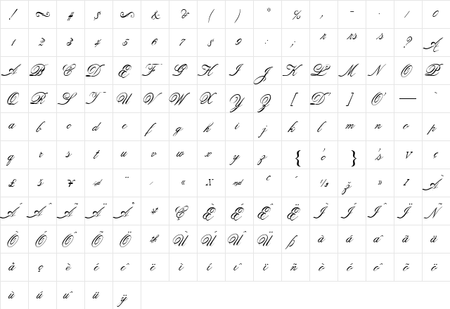 ATOldFashionScript Regular  glyph index