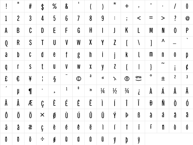 BellySansCondensed Regular  glyph index