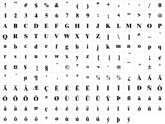 NimbusRomNo9TExtBol Regular  glyph index