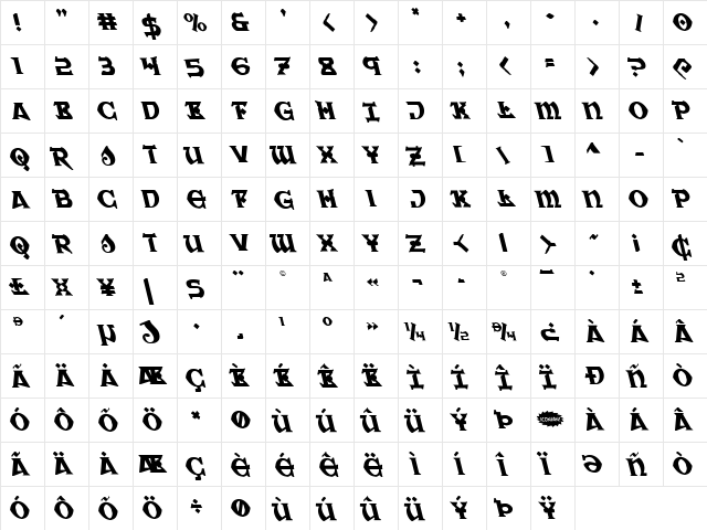 War Priest Leftalic Italic  glyph index