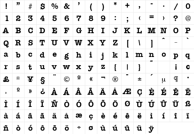 Typewriter-Serial Bold  glyph index