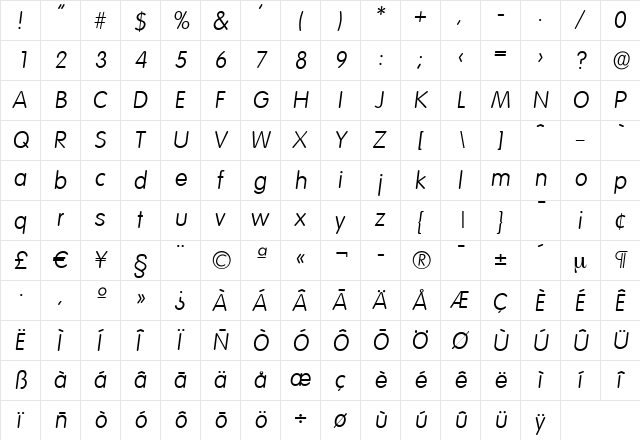 RolandBecker-Light Italic  glyph index