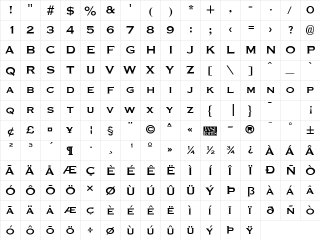 Graverplate Bold  glyph index