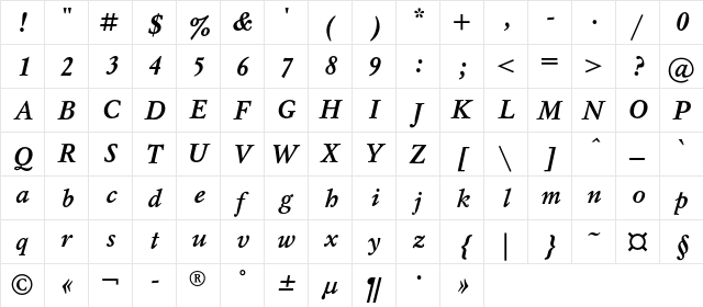 MyslC Bold Italic  glyph index