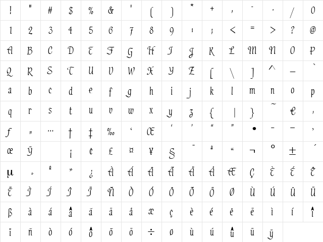 College Regular  glyph index