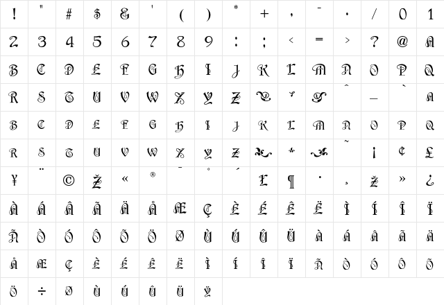Odessa Regular  glyph index