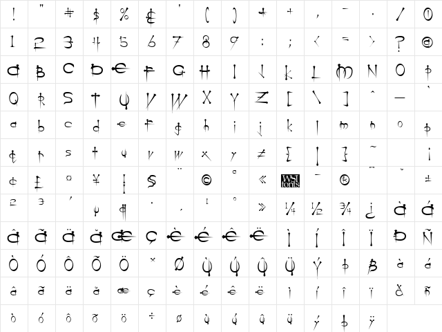 Warsaw Regular  glyph index
