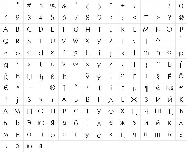 KabelCTT Book Regular  glyph index