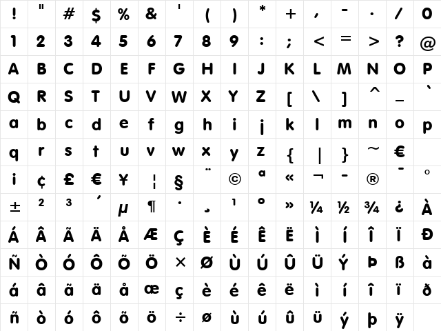 VAGRounded BT Regular  glyph index