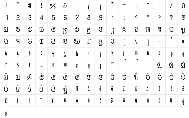 New Regular  glyph index