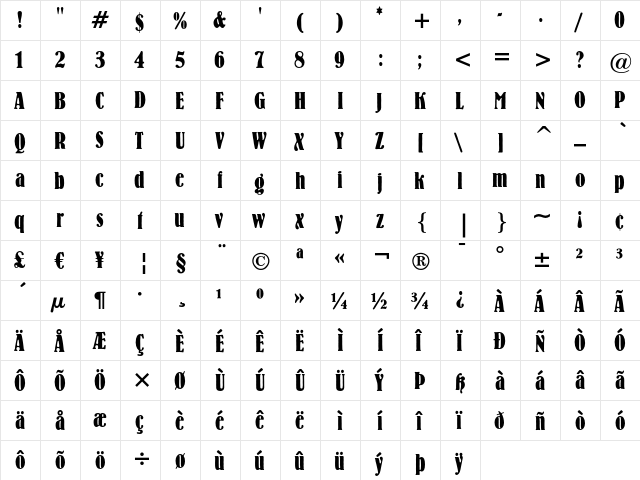 Bernhard Bold Condensed Regular  glyph index