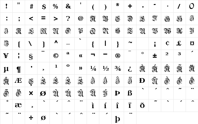 Royal Regular  glyph index