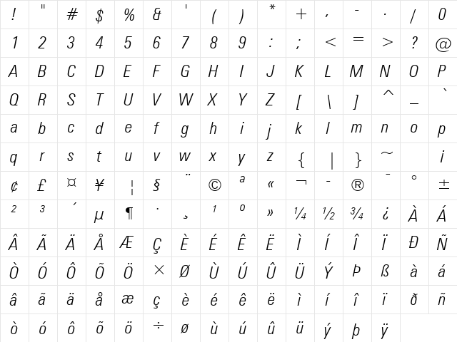 Zurich Light Italic  glyph index
