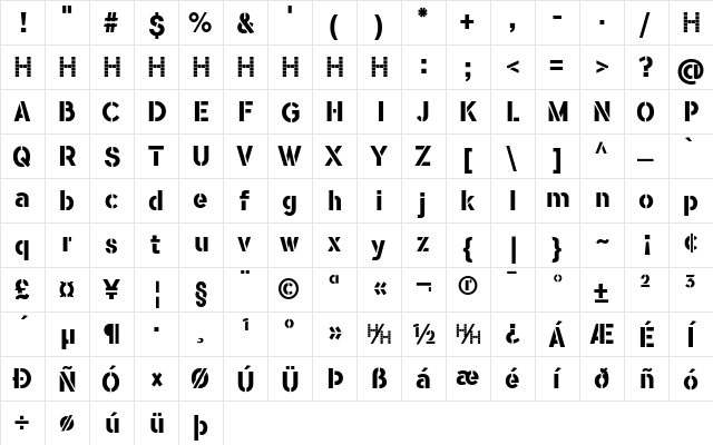 FLAMANTE STEN Regular  glyph index
