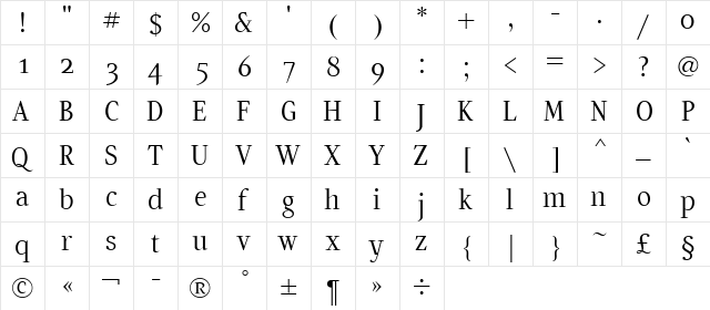 Artemius SN Light TT Regular  glyph index