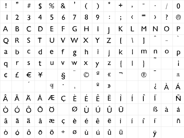 ChantillyAntique Regular  glyph index