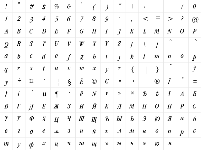 Garamondcond Light Italic  glyph index