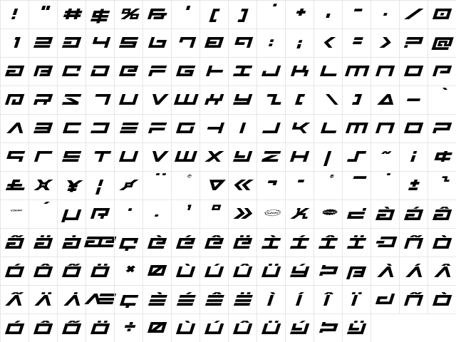 Avenger Expanded Italic Expanded Italic  glyph index