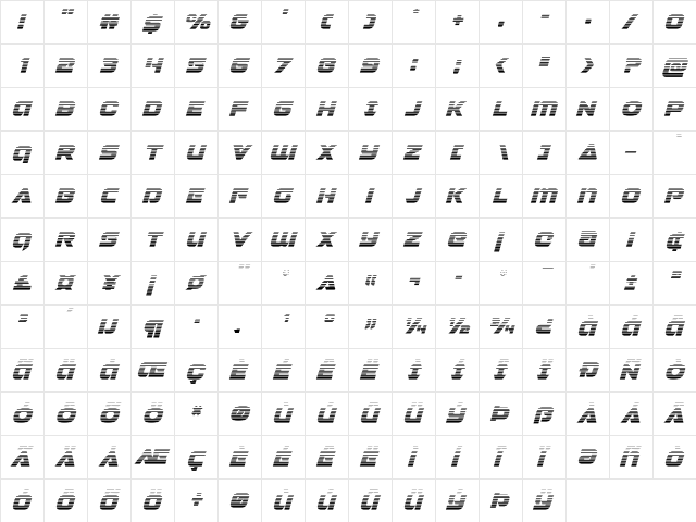 Jeebra Gradient Italic Italic  glyph index