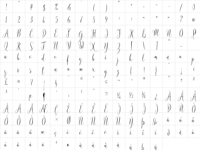 Instine Script Regular  glyph index