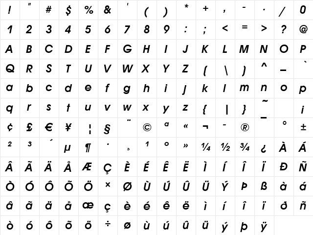 Avignon DemiItalic  glyph index