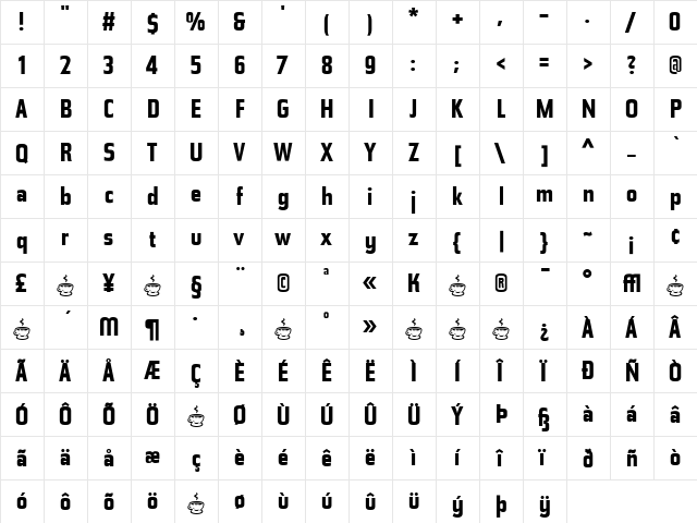 Tasse Bold  glyph index