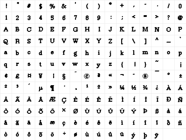 Rough39 Becker Regular  glyph index