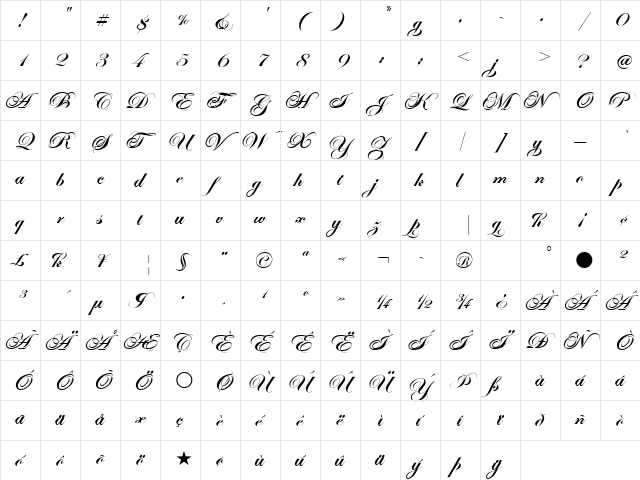 Edwardian Script ITC Bold  glyph index