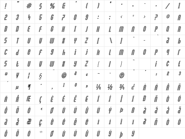 ArchCondensed Italic  glyph index