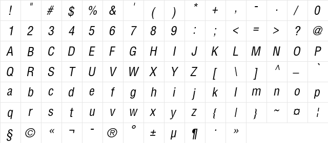 AGLettericaCondensedC Italic  glyph index