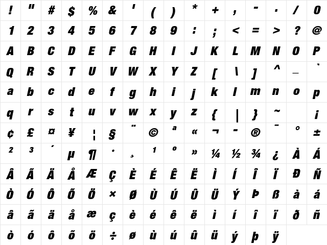 Helvetica Neue LT Std 107 Extra Black Condensed Italic  glyph index