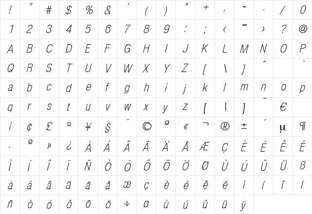 Olnova-LightCondIta Regular  glyph index