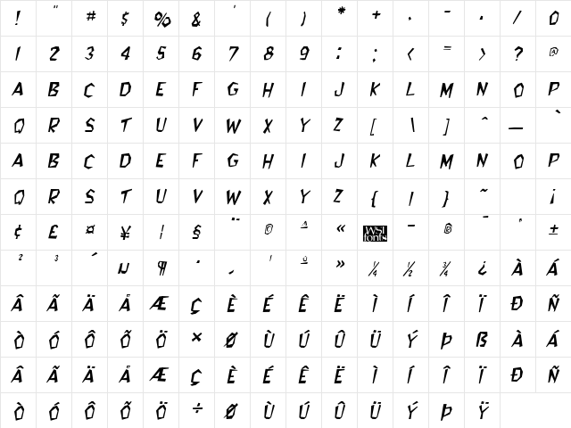 Bedrock Italic  glyph index