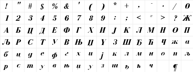 Czar Cirilica Bold Italic  glyph index