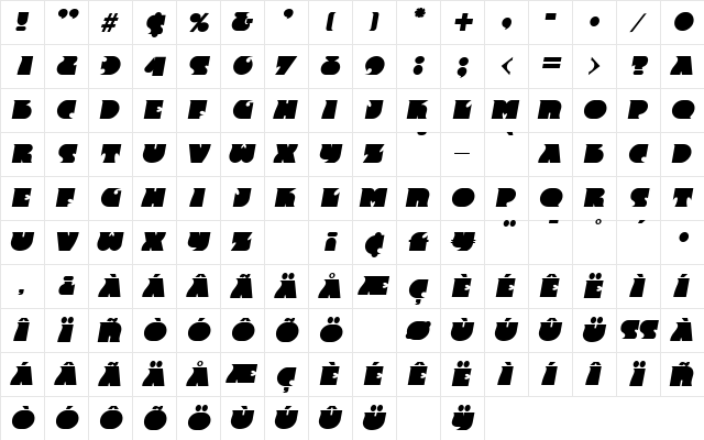 Frenzy Italic  glyph index