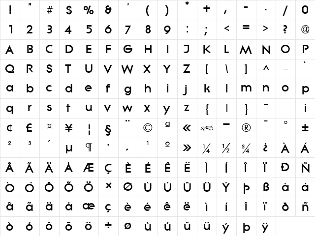 Lithe Extrabold Regular  glyph index