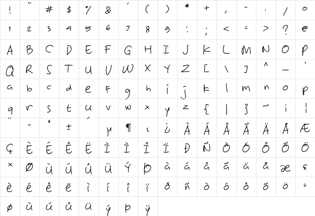 Victorya Handwriting Regular  glyph index