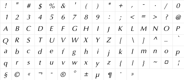 AGOpusC Italic  glyph index
