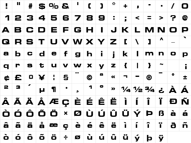 PalindromeExpandedSSK Bold  glyph index