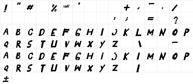 YES_italic Regular  glyph index