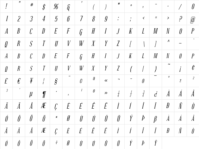 Covington SC Cond Italic  glyph index